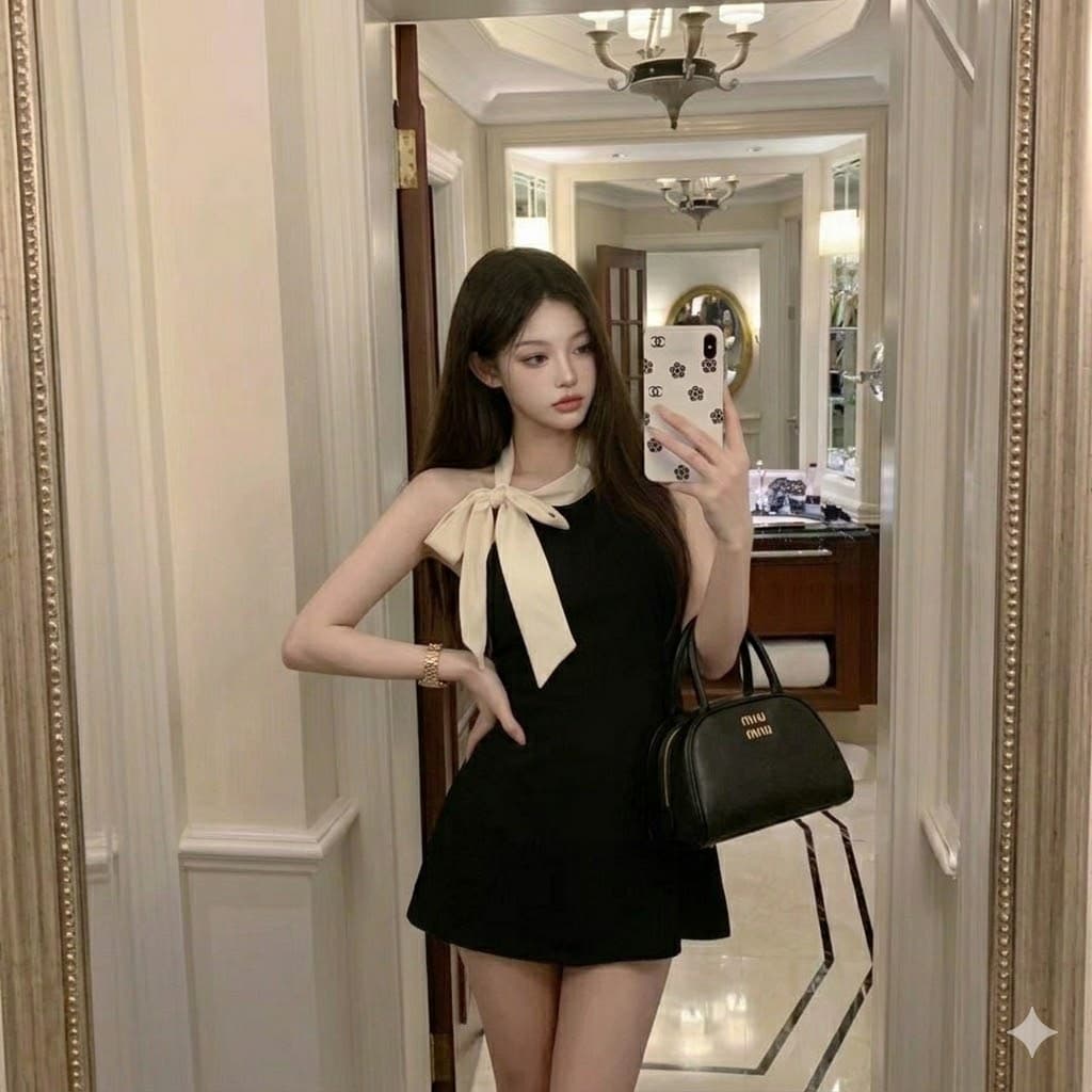 Ribbon Neck Sleeveless Mini Dress