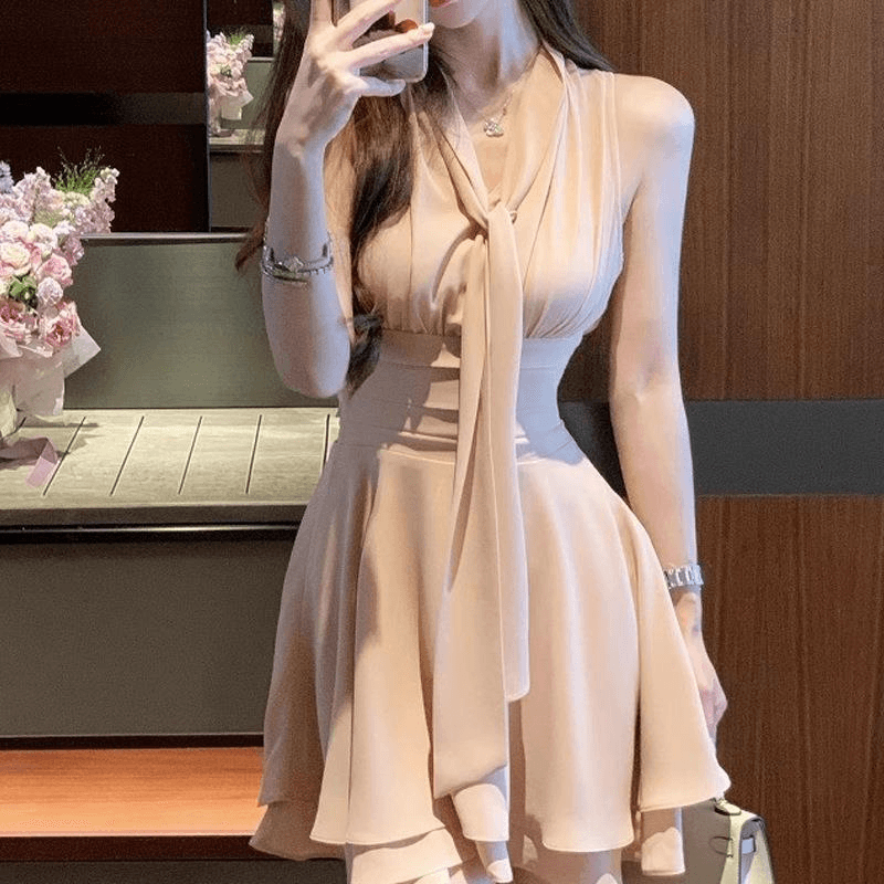 Peach Blossom Tie-Neck Flare Dress